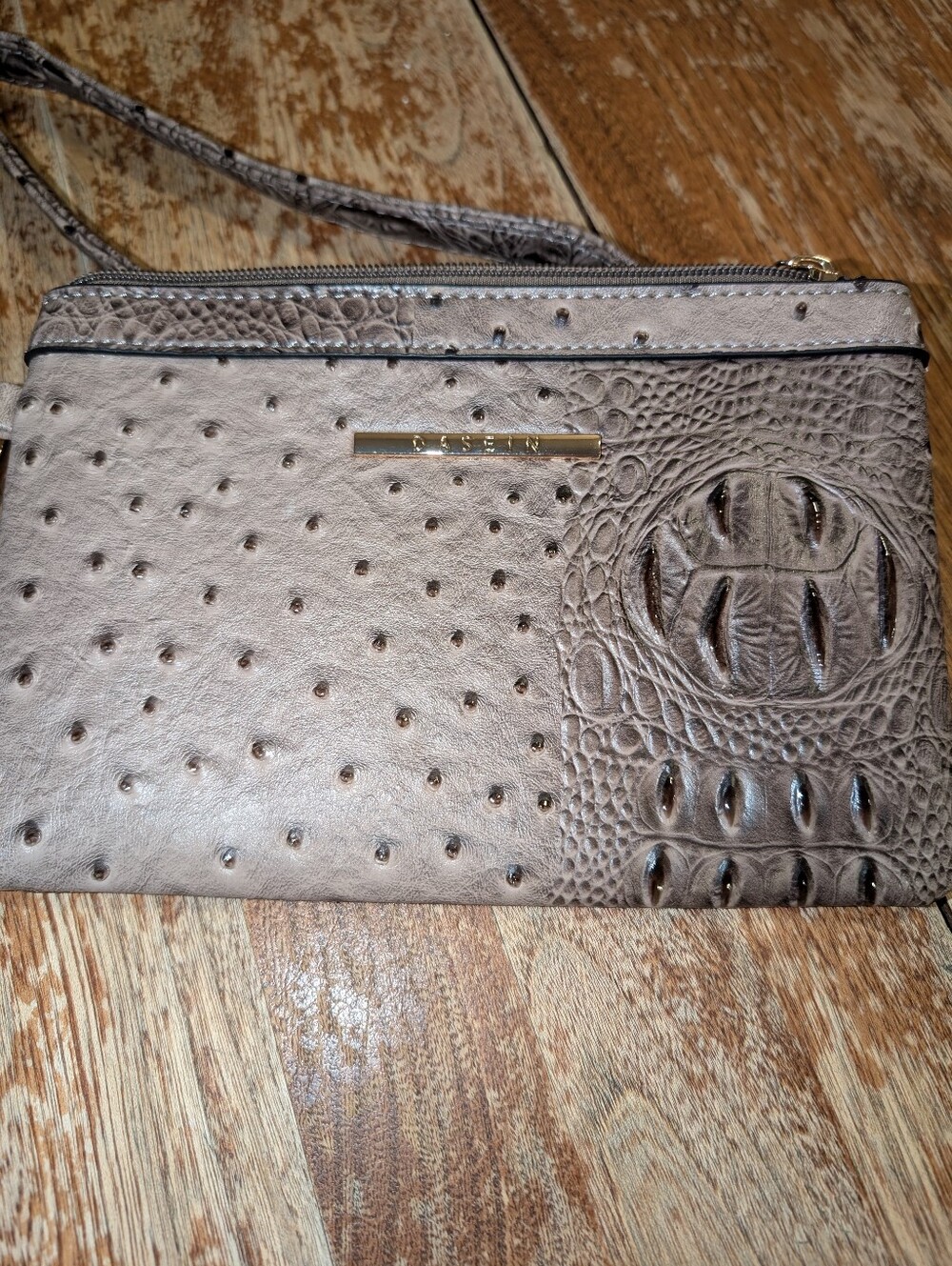 Small Beige Crossbody Wallet Clutch Bag - Textured Finish Faux Ostrich Texture